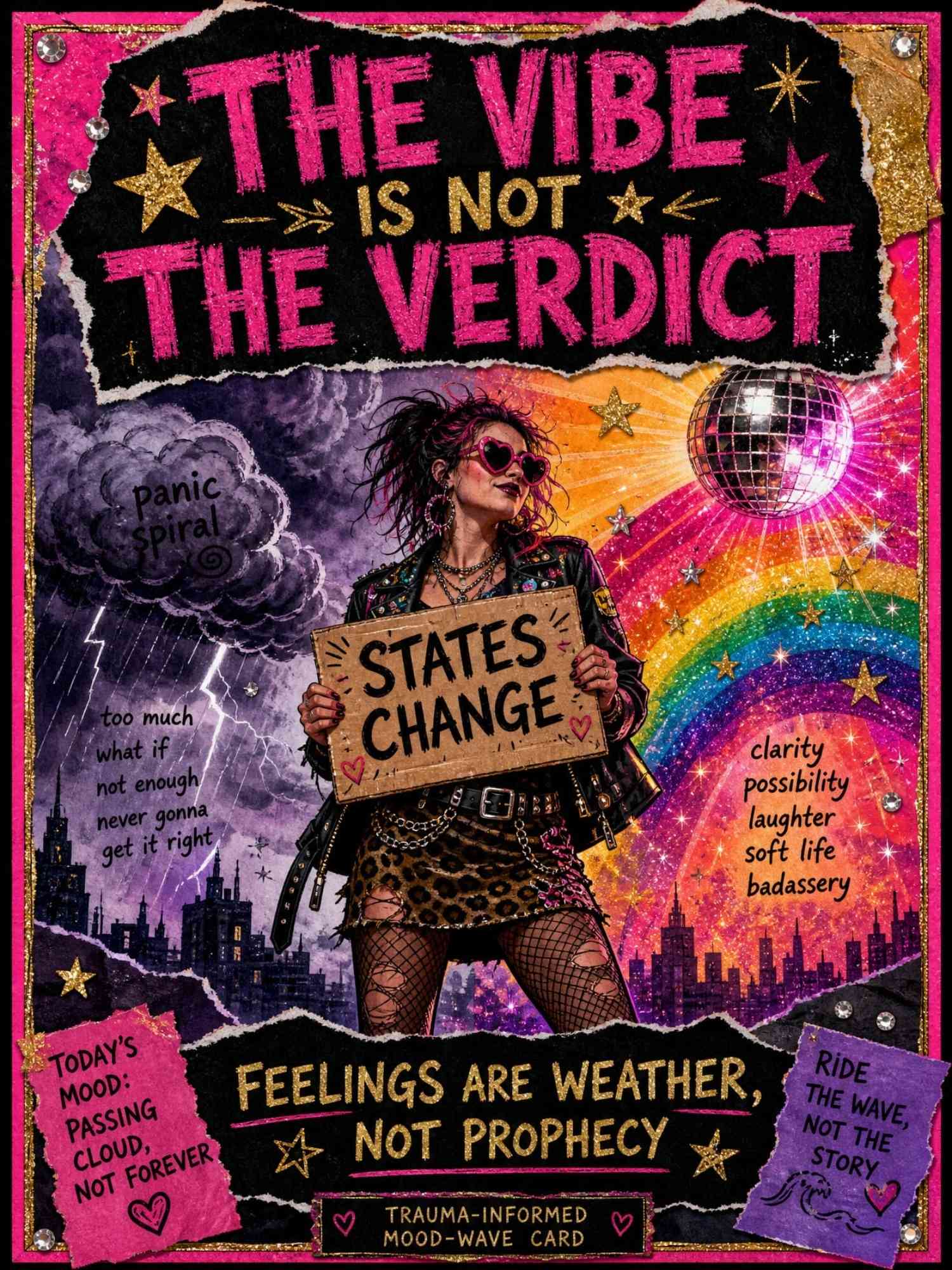 The Vibe Is Not the Verdict card artwork: a glitterpunk figure holding a States Change sign