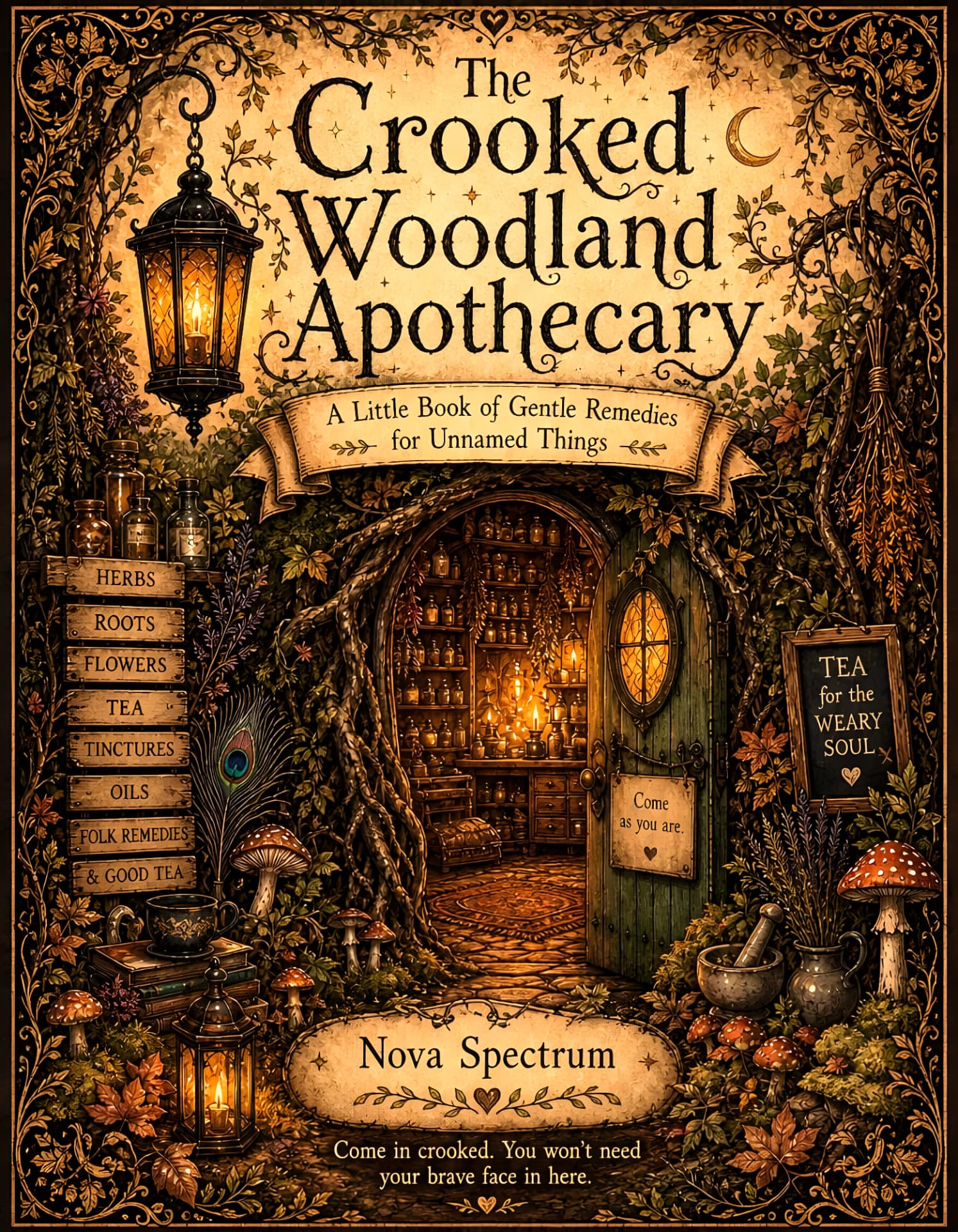 Cover artwork for The Crooked Woodland Apothecary: a lantern-lit woodland apothecary doorway