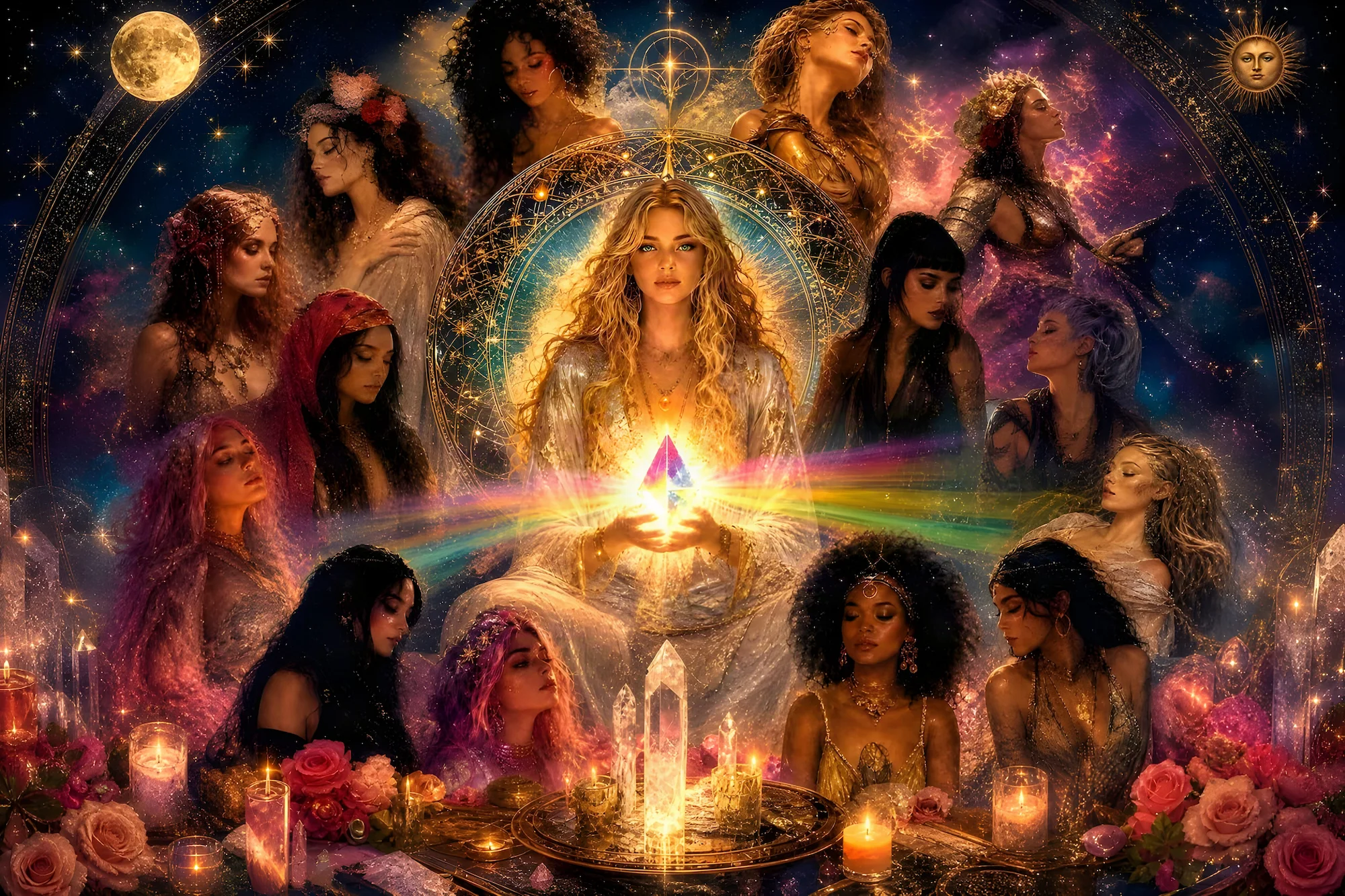 Nova Spectrum artwork: a central figure holding a glowing prism, surrounded by many luminous feminine facets beneath a cosmic sky